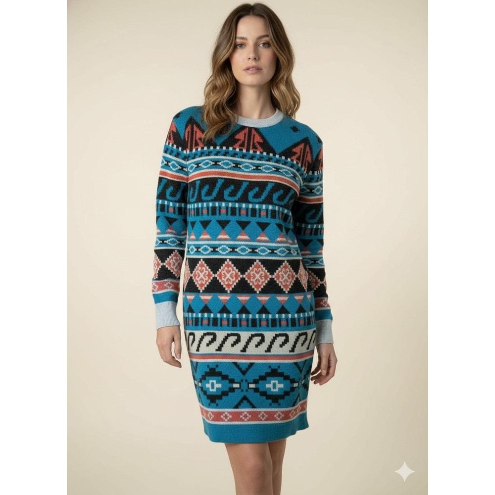 VTG Givy BGibiu Made In Japan Aztec Southwestern Geometric‎ Knit Sweater Dress